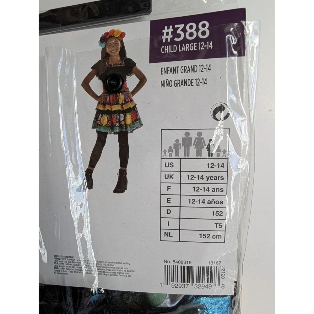 DAY OF THE DEAD COSTUME‎ CHILD M 8-10 DRESS/HEADBAND HALLOWEEN